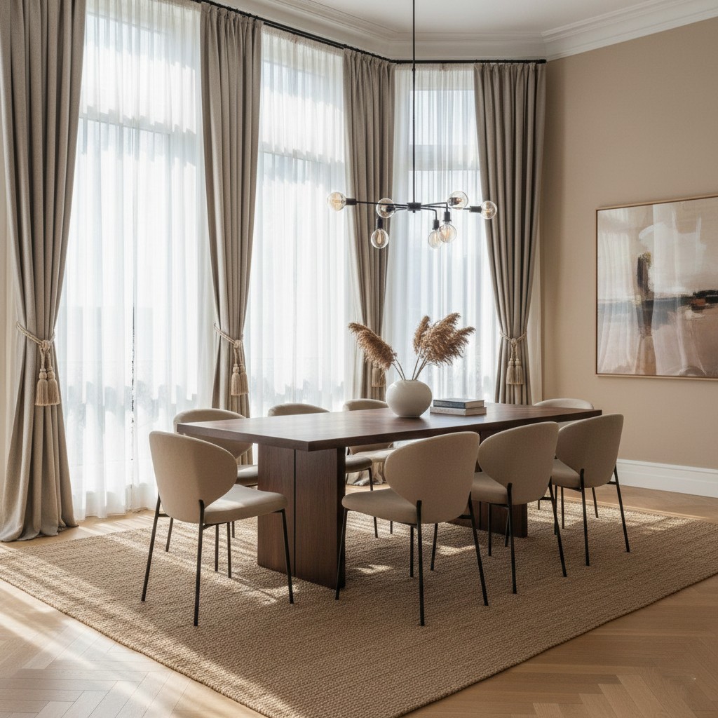 Dining area with custom window treatments