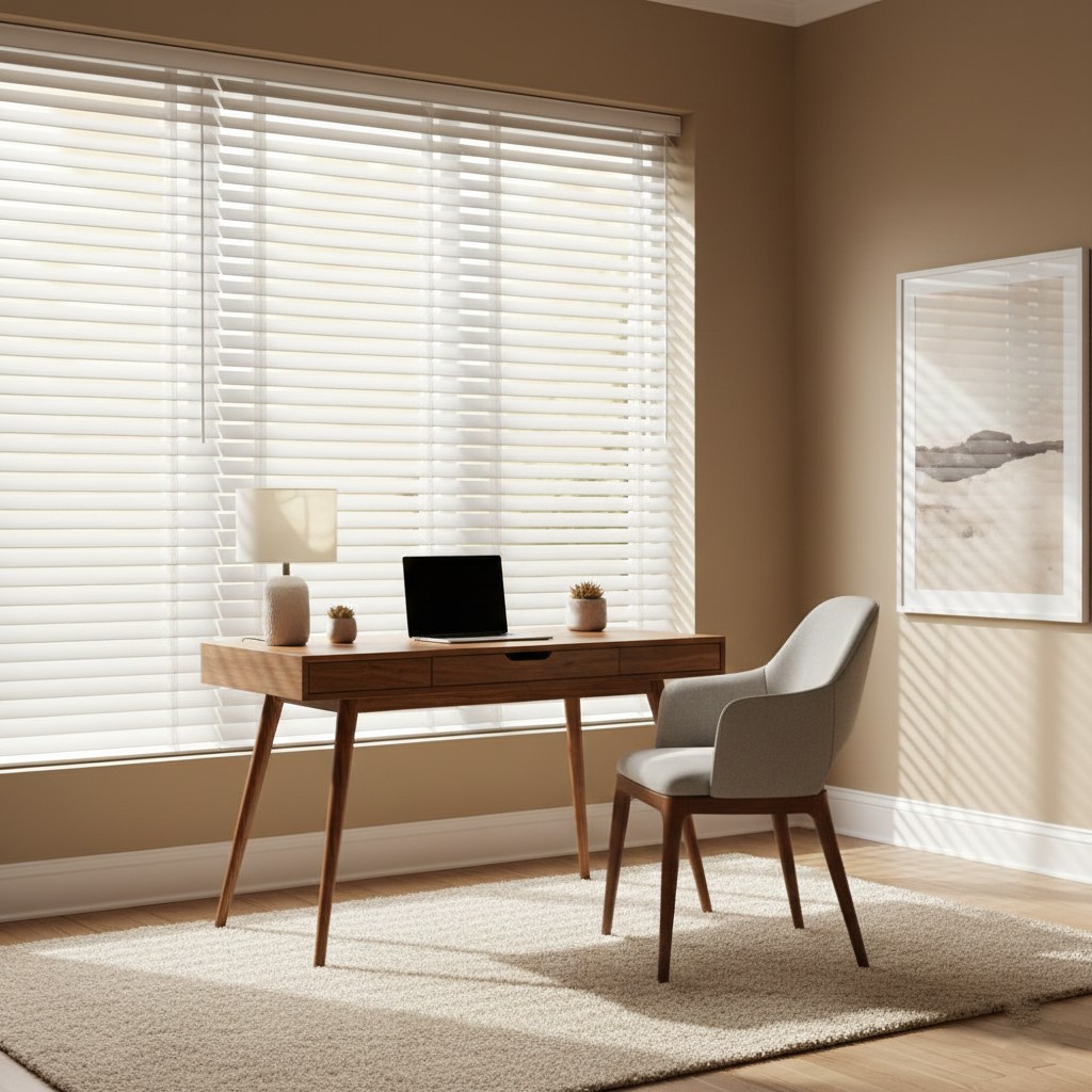 Home office with functional blinds
